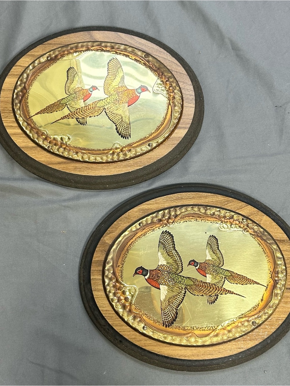Vintage Brass Flying Pheasant Wall Plaques Set of 2 Wood Oval Hunting Decor